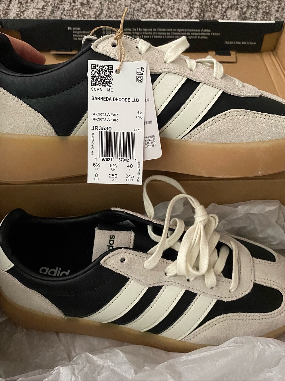 adidas Barrera decode lux: Black, White & Cream Low-Top Sneakers with Gum Sole - Picture 5 of 6